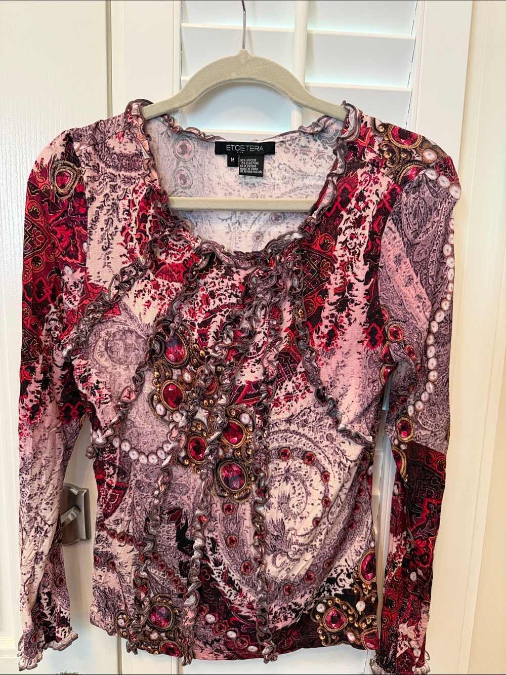 Etcetera Pink and Red Paisley Ruffle Long-Sleeve Dress Top